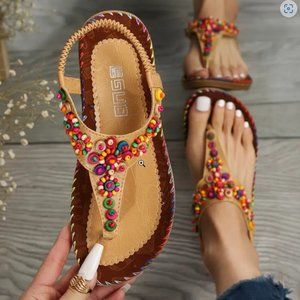 Women's Beaded Decor Flip Flops, Open Round Toe Elastic Ankle Strap SIZES 6-9
